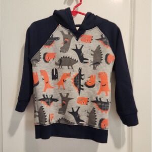 Kid's 3T Navy Blue Gray Dinosaur Print Raglan Pullover Hoodie Spring Fall Animal
